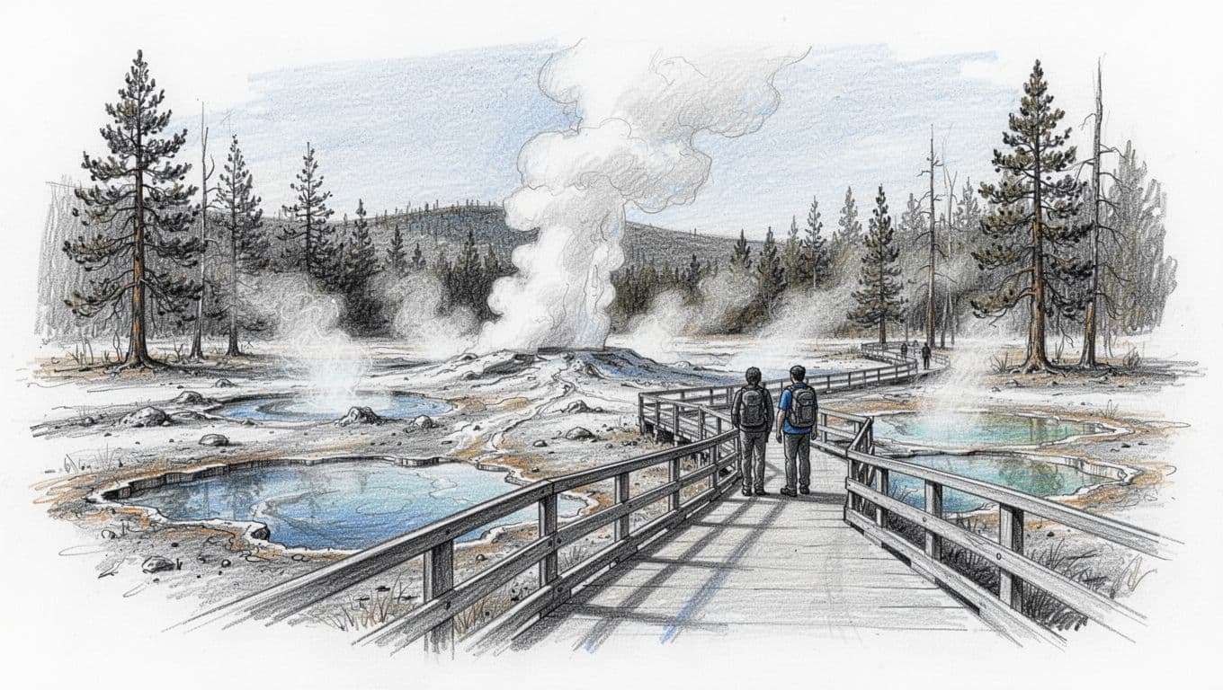 Hand-drawn graphite sketch of Old Faithful geyser basin boardwalk trail with steaming vents, colorful pools, lodgepole pines, and two distant visitors in serene morning light.