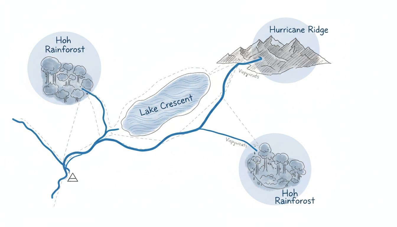 Hand-drawn graphite sketch on white background showing Olympic National Park's Hoh Rainforest, Hurricane Ridge, Lake Crescent, with connecting roads and trails highlighted in blues and grays.