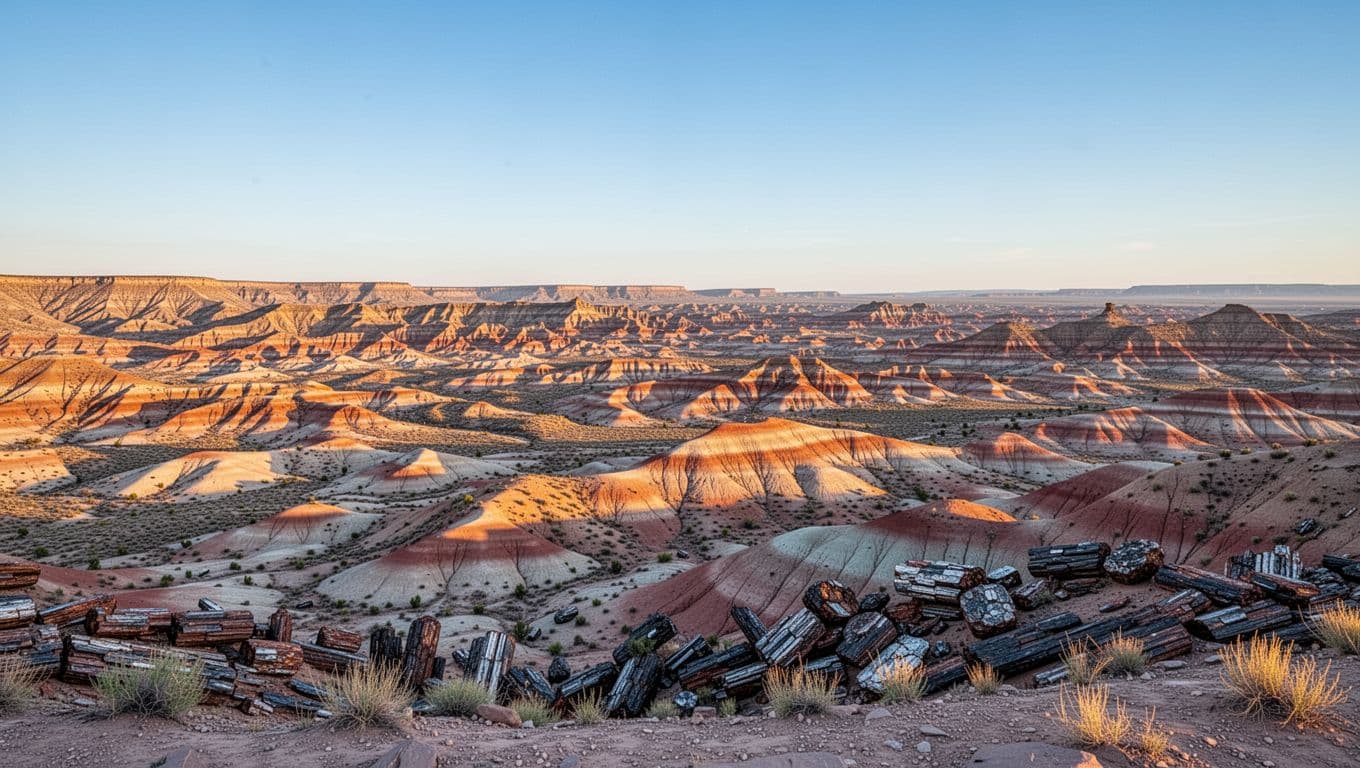 Colorful layered badlands of the Painted Desert in Petrified Forest National Park under a clear blue sky with dramatic golden hour glow from an overlook.