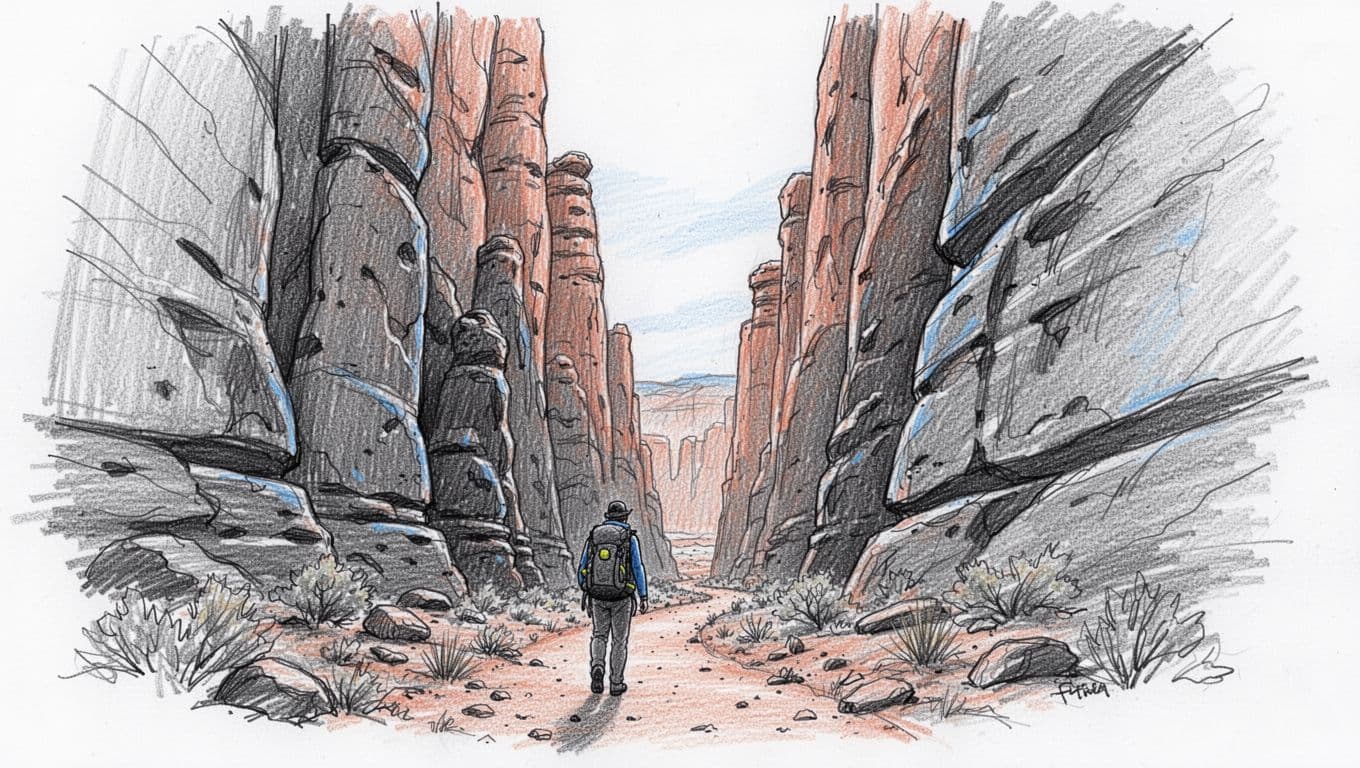 Deep narrow Park Avenue canyon trail lined with tall slender red rock towers like skyscrapers, featuring one hiker with backpack on the sandy path, viewed from low angle looking up to the horizon.