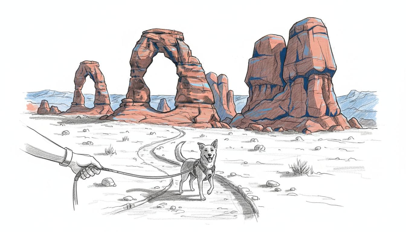 A joyful dog on a leash is walked by one person along a desert trail featuring red rock arches in the Moab, Utah landscape at sunset, rendered in hand-drawn graphite sketch style with light shading and blue accents on a clean white background.