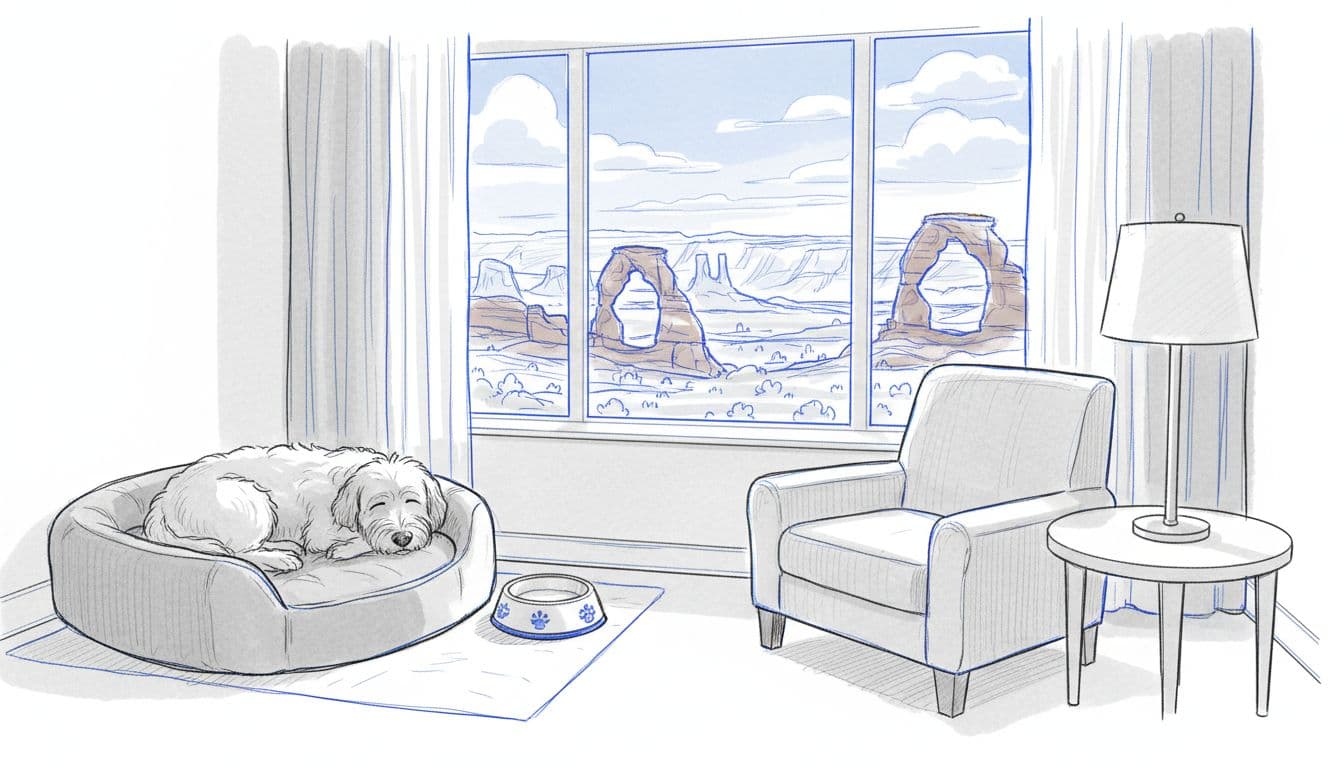 Hand-drawn graphite sketch of a cozy hotel room interior featuring pet amenities like a dog bed and bowl, with a window overlooking Arches National Park's red rocks in Moab. A single relaxed dog rests on the bed, using light shading, blues, grays, and blacks on a white background.