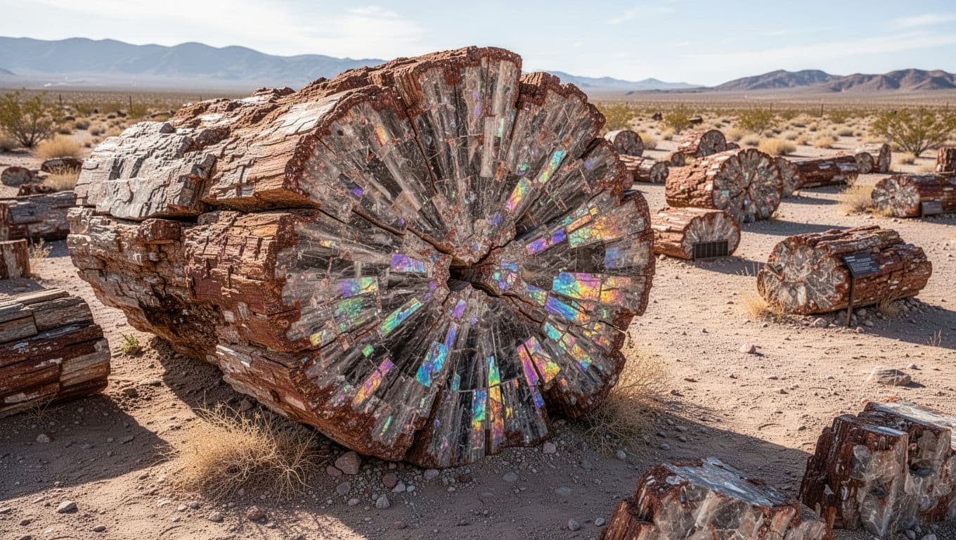 Close-up view of massive petrified logs scattered on arid ground in Petrified Forest National Park, showcasing rainbow quartz colors in wood cross-sections under a sunny day with soft shadows.