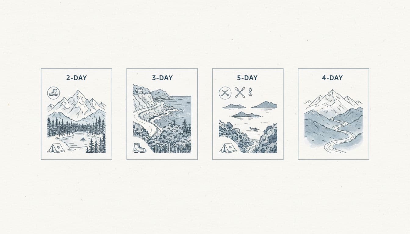 A minimalist hand-drawn panel with four vignettes illustrating 2-day, 3-day, and 4-day itineraries using icons for hiking boot, tent camping, car travel, tide beach, and sketches of coast, rainforest, mountains, lake in cool blue-grey tones.