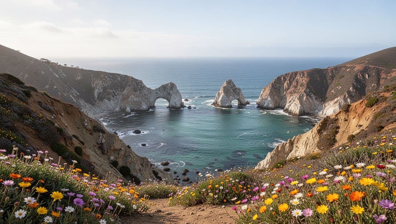 Majestic Potato Harbor viewpoint on Santa Cruz Island featuring sea arches, ocean vista, wildflowers, and coastal bluffs in Channel Islands National Park, rendered in realistic style with soft daylight.