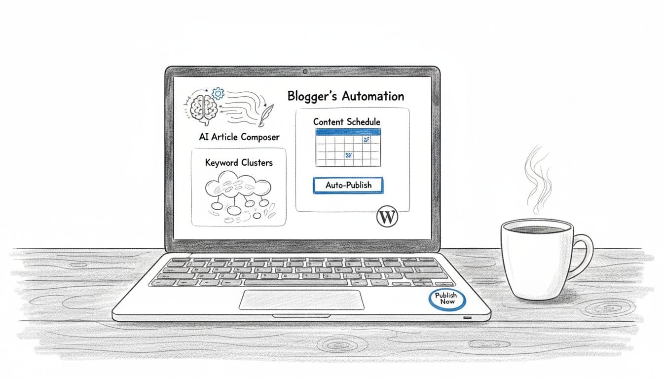 Hand-drawn sketch of a blogger's laptop dashboard displaying AI article writer, keyword clusters, content calendar, and auto-publish buttons to WordPress, centered on a wooden desk with coffee mug.