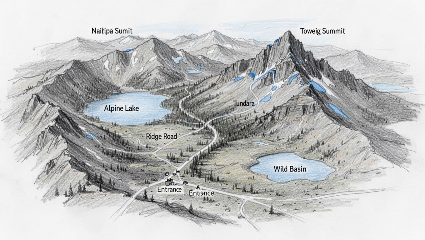 Simplified hand-drawn sketch map of Rocky Mountain National Park highlighting first-visit priorities like Bear Lake, Trail Ridge Road, Wild Basin, and Longs Peak with main roads, trails, entrances, mountains, lakes, and tundra.