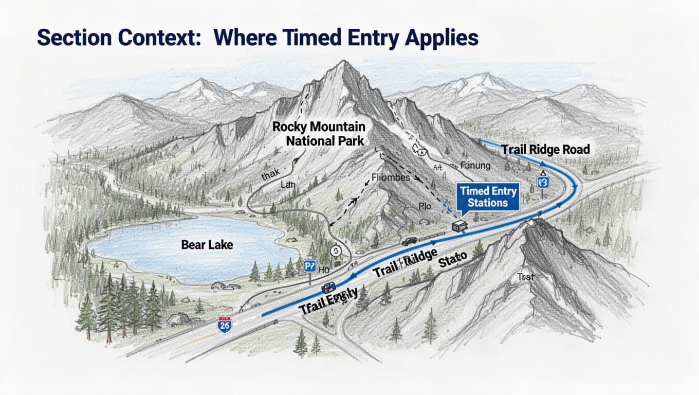 Hand-drawn sketch map of Rocky Mountain National Park key areas like Bear Lake and Trail Ridge Road, with timed entry stations marked, simple trails and peaks in graphite linework with light shading and blue roads on white background, no text labels, overhead overview.