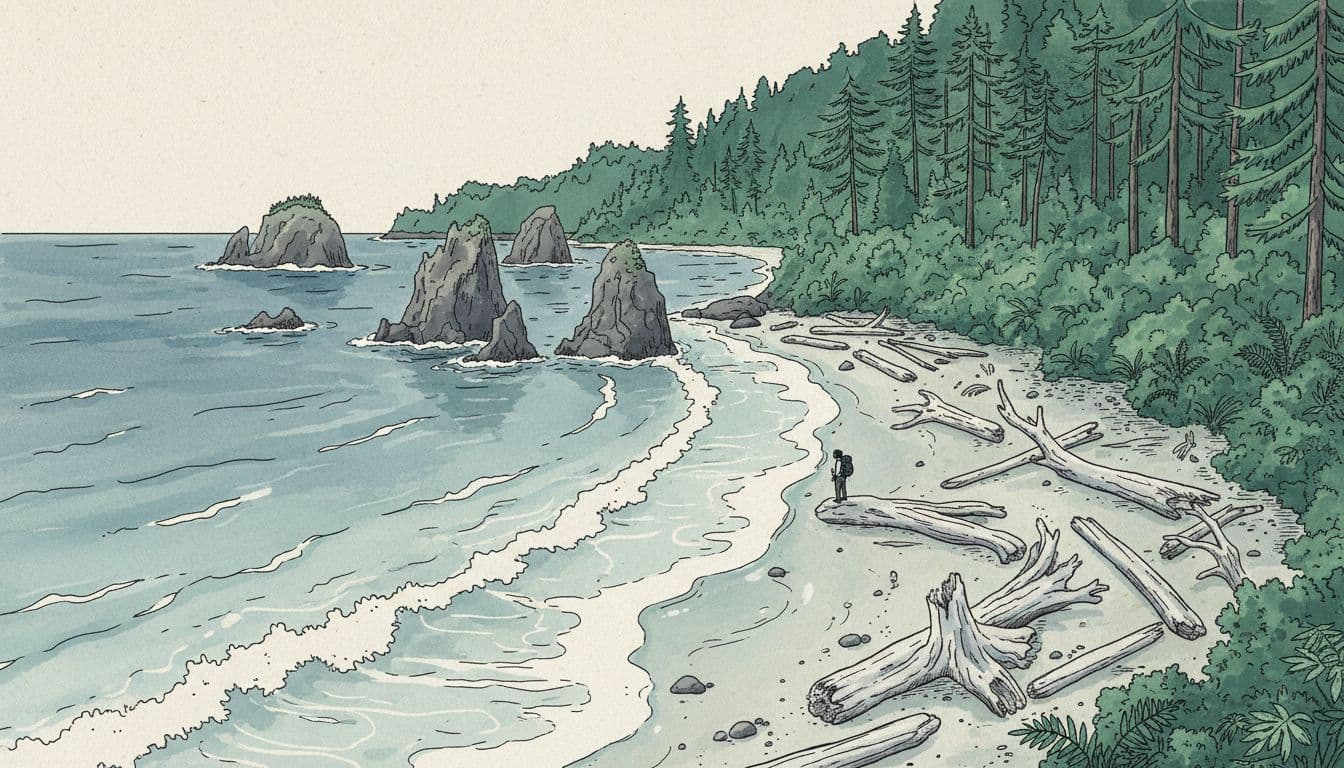 A simple hand-drawn illustrated map-like scene of the Pacific coastline inspired by Ruby Beach, featuring sea stacks, driftwood, waves, and a dense temperate rainforest edge with ferns and mossy trees, including a small hiker silhouette for scale in cool blues and greys.
