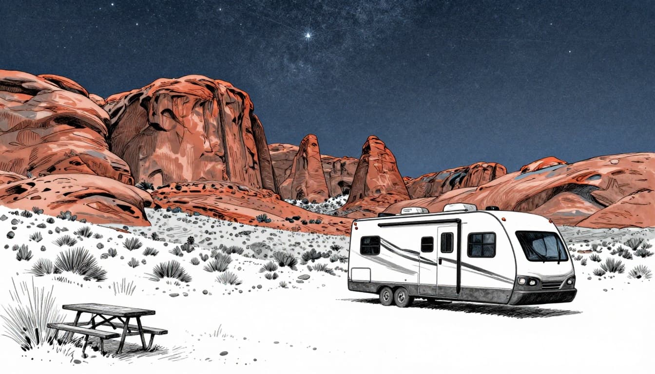 Hand-drawn graphite sketch of an RV parked at a desert campground with red rock arches in the background, sparse vegetation, picnic table, and starry night sky above.