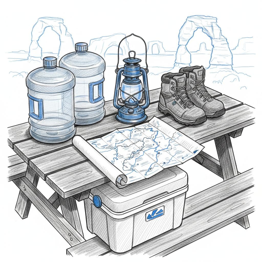 Top-down hand-drawn sketch of RV camping essentials including water jugs, hiking boots, lantern, map, and cooler on a picnic table with faint Arches desert backdrop.