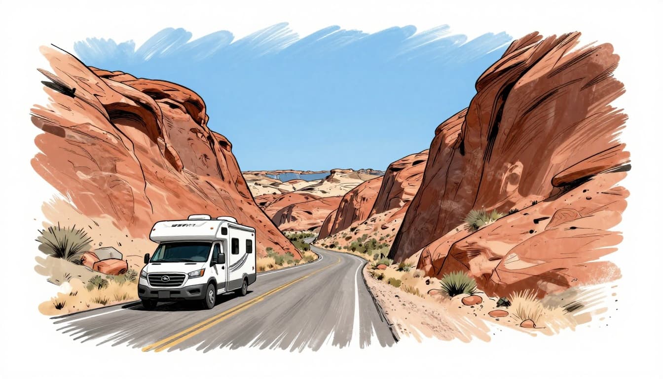 Hand-drawn sketch illustration of a large RV driving on a narrow, winding road through towering red rock canyons with dust kicking up and a clear blue sky, emphasizing safe RV travel on park roads.