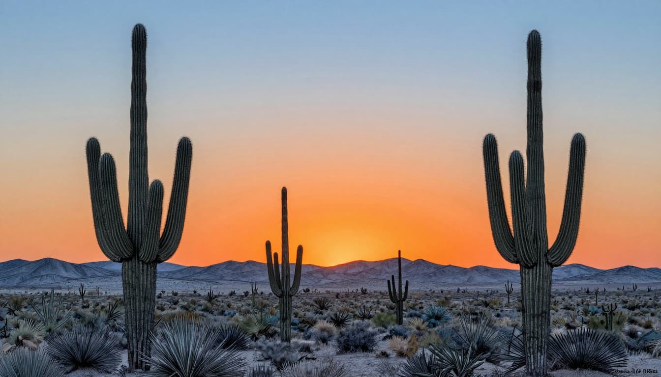 Hand-drawn graphite sketch of giant saguaro silhouettes against a warm orange sunset sky over Sonoran desert rolling hills and scattered cacti. Features light shading, blues grays blacks with blue accents on sky gradients on clean white background.