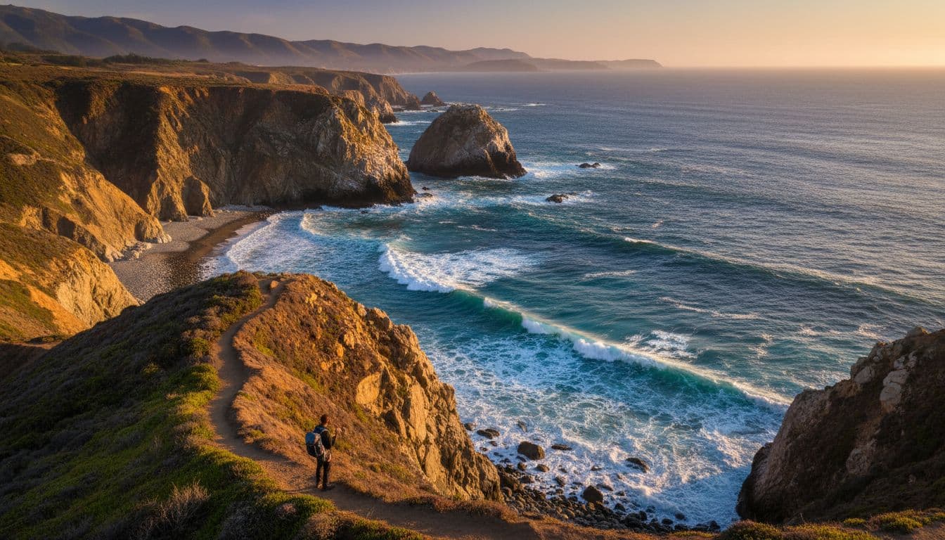 A lone hiker on the trail overlooks majestic coastal cliffs and ocean waves at Scorpion Anchorage on Santa Cruz Island in Channel Islands National Park, captured in realistic golden hour lighting.