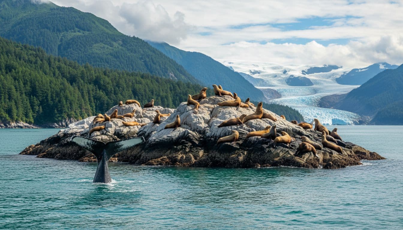 Sea lions haul out on rocky islands with humpback whale tail fluke in foreground ocean, steep forested cliffs and distant glaciers behind.