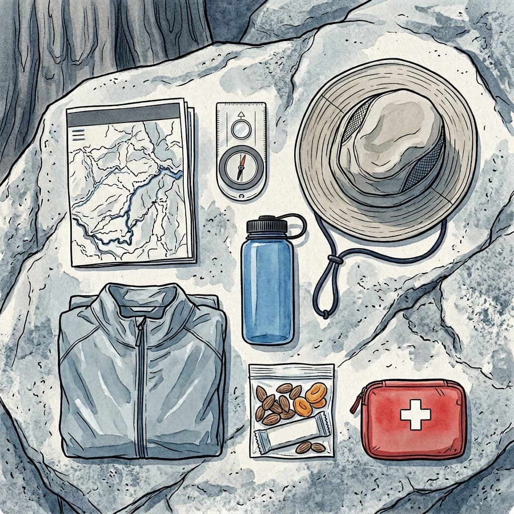 Hand-drawn flat-lay illustration in ink and watercolor style depicting ranger essentials on a rock for a Sequoia hike, including park map, compass, water bottle, sun hat, light jacket, snacks, and first-aid kit, against subtle sequoia bark texture.