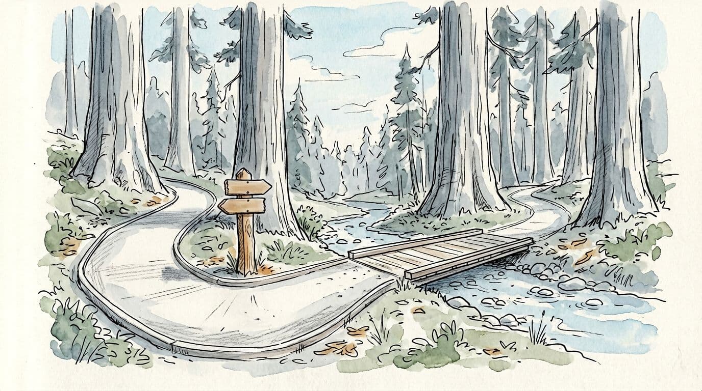 Simple hand-drawn illustration in sketchbook ink and watercolor style depicting an easy well-marked trail in Sequoia National Park with gentle switchback path, wooden signpost, and small creek bridge in a serene forest.