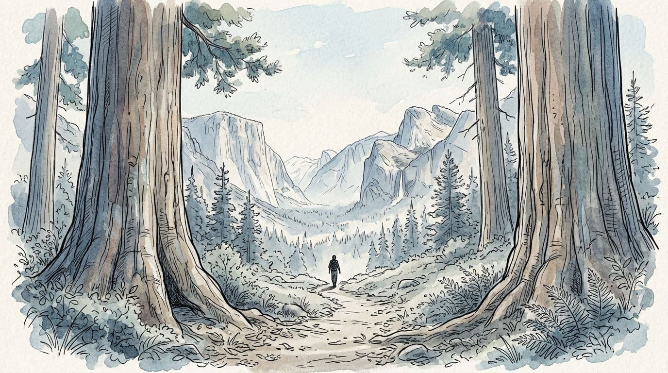 Sketsa gambar tangan dan ilustrasi cat air dari pemandangan indah di Taman Nasional Sequoia, menampilkan sequoia raksasa yang membingkai jalan tanah berkelok-kelok menuju puncak granit di kejauhan di bawah kabut pagi, dengan siluet pejalan kaki kecil sebagai skalanya.