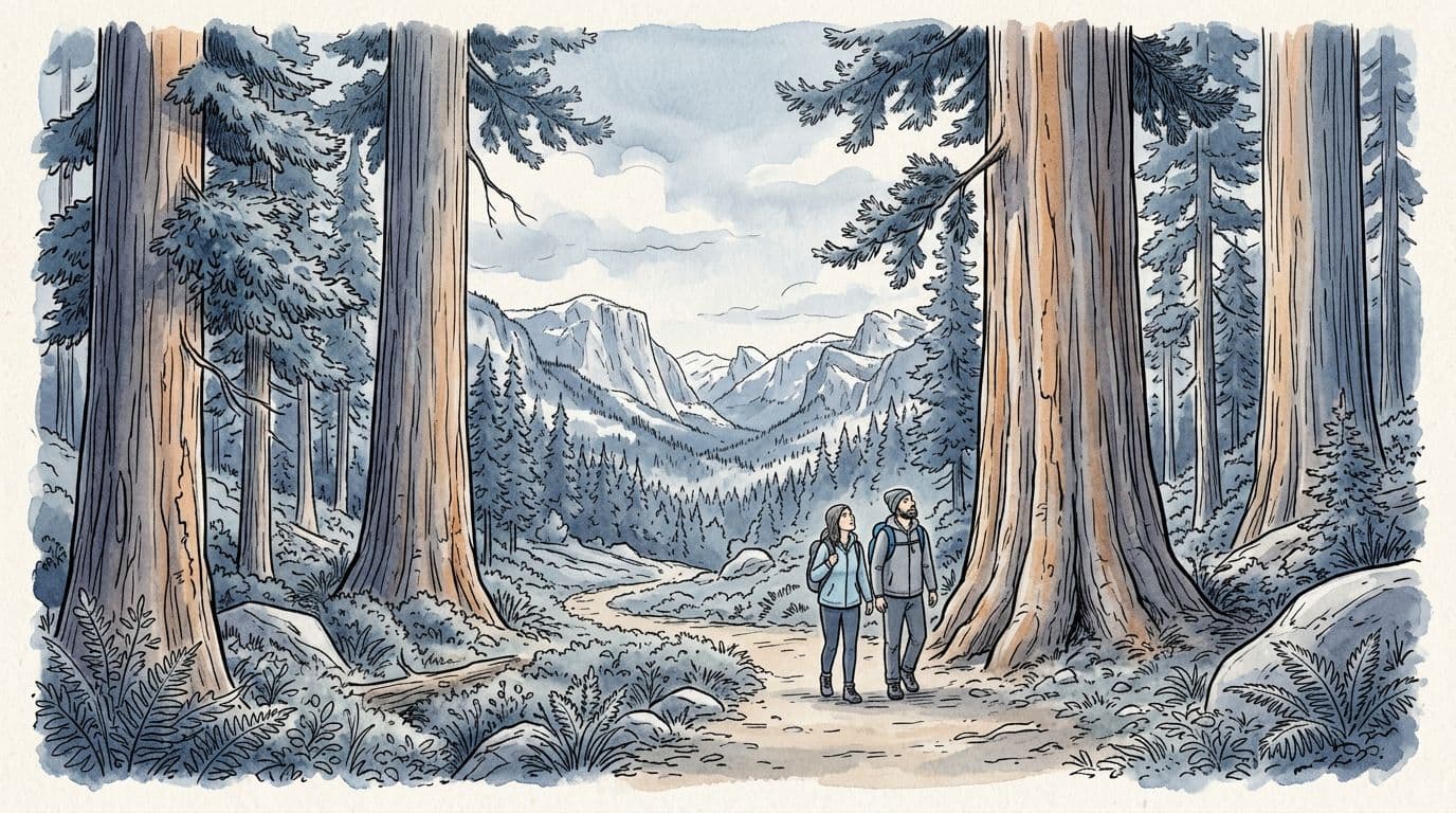 Hand-drawn ink and watercolor sketch of towering giant sequoia trees framing a beginner-friendly trail in Sequoia National Park, featuring a couple of first-time hikers with daypacks gazing up, with distant Sierra Nevada mountains in a calm landscape.
