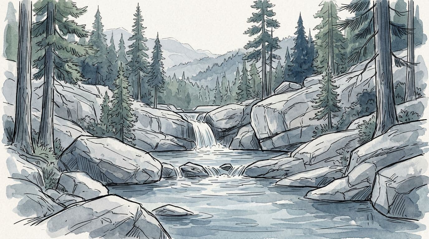 Sketsa cat air yang digambar tangan dari air terjun kecil yang tenang dan sungai yang melintasi di tengah batu granit dan pohon pinus di Taman Nasional Sequoia, menggunakan warna biru, abu-abu, dan hijau yang kalem dengan garis yang bersih dan tekstur kertas tipis untuk suasana luar ruangan yang tenang.