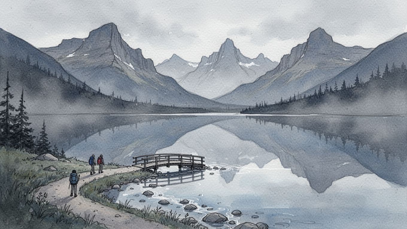 Hand-drawn illustration featuring a peaceful alpine lake with perfect mountain reflections, a winding shoreline trail, wooden footbridge, and two tiny hikers, rendered in cool blues and greys with misty atmosphere.