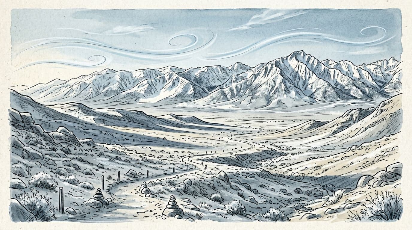 Hand-drawn illustration of a wide desert valley winter hike scene with distant snow-dusted mountains, long shadows, marked trail, and subtle wind cues in a cool blue-grey palette with sandy beige accents.