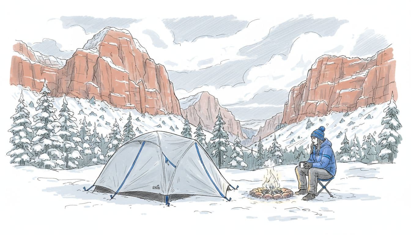 Hand-drawn graphite sketch of a cozy winter campsite in Zion National Park, showing a single tent near snow-dusted red rock cliffs, evergreen trees, a campfire, and one person in warm gear sitting by the fire.