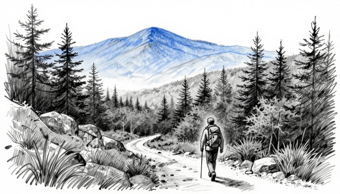 Hand-drawn graphite sketch of a lone hiker with backpack on a forested trail amid mountain views along Skyline Drive in Shenandoah National Park, featuring serene morning light with blue accents on distant peaks.