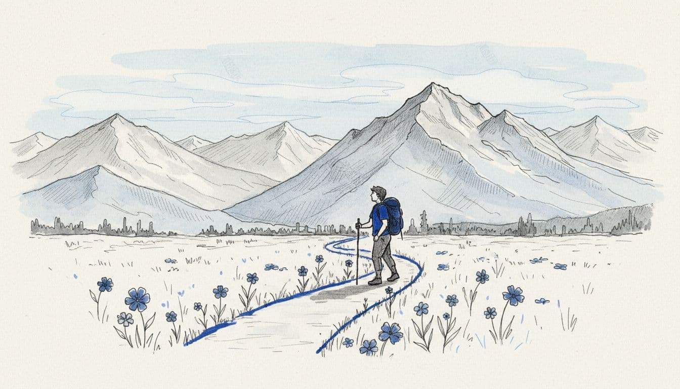 Hand-drawn graphite sketch of a relaxed hiker with backpack and walking stick on a short scenic trail in a national park, surrounded by wildflowers and mountain views.