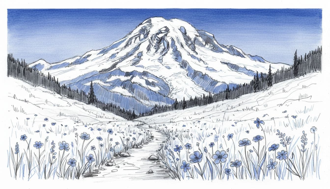 Hand-drawn graphite sketch of a trail leading to the snowy peak of Mount Rainier, with alpine meadows and wildflowers in the foreground, dramatic volcano views, blues grays and black linework with blue accents.