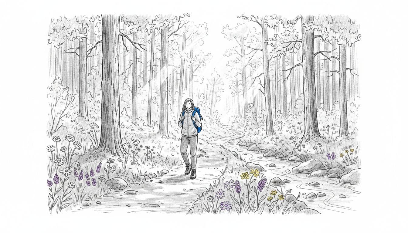 Hand-drawn graphite sketch of one hiker walking a winding forested trail with wildflowers and stream in Great Smoky Mountains, morning light through trees, blues grays blacks with blue backpack accent, clean white background.