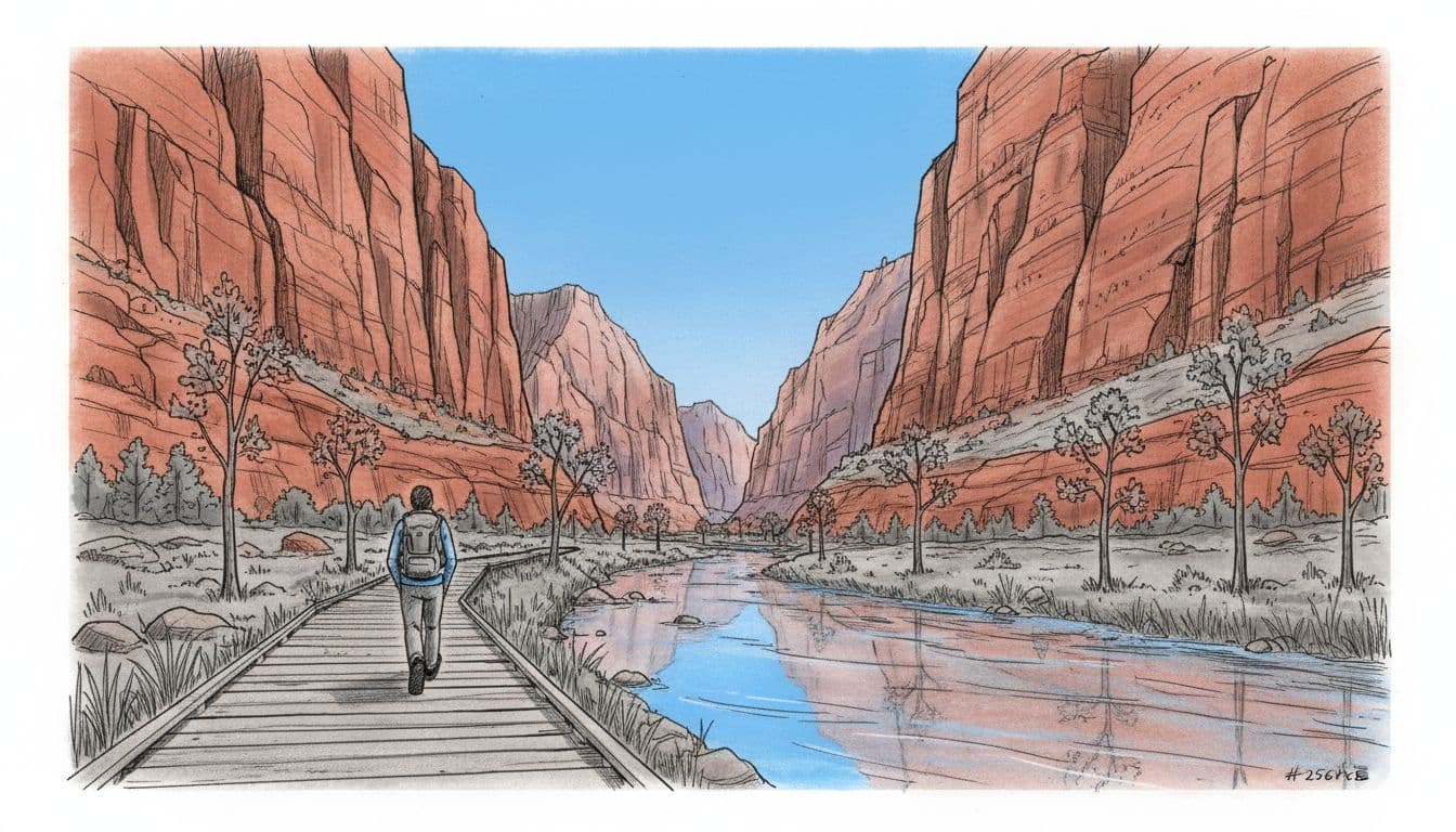 Hand-drawn graphite sketch of a solo hiker from behind, walking relaxed on a flat boardwalk trail beside a river, with towering red rock canyon walls on both sides under a clear blue sky, Zion National Park style.