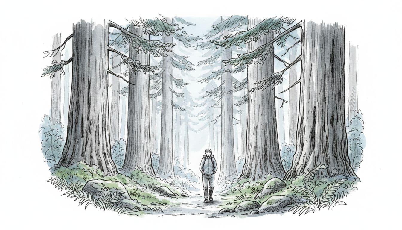 Hand-drawn graphite sketch of a single hiker with a simple backpack walking a quiet forest trail lined with tall coastal redwood trees, misty morning light filtering through the canopy, ferns and moss on the ground, subtle blue sky accents.