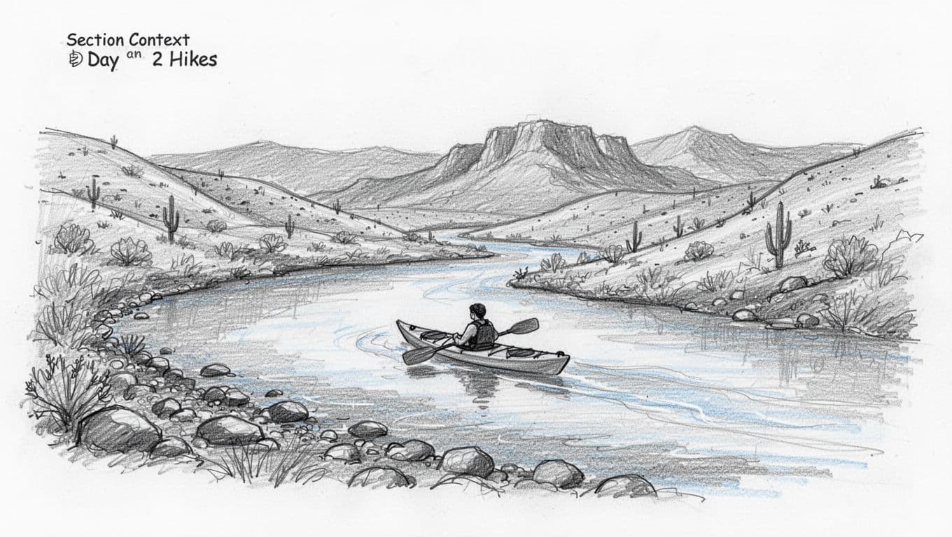 Hand-drawn graphite sketch of a calm Rio Grande river bend featuring rocky shores, desert hills, distant mountains, and one solo kayaker paddling gently with light shading and blue accents on a white background.