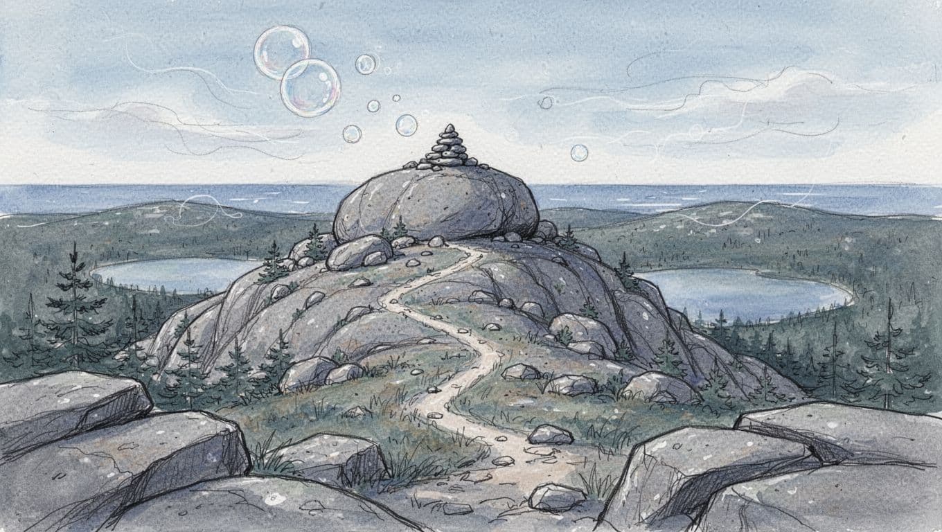 Hand-drawn watercolor illustration in cool blues and soft greys showing the rocky rounded summit of South Bubble with a cairn, spur trail, rocky outcrops, and distant Jordan Pond in breezy coastal Maine.