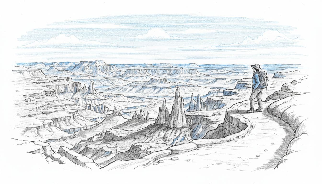 Hand-drawn graphite sketch of a solitary hiker on a winding trail with a vast side-angle view of layered red rock canyons and hoodoos under a clear sky, using light shading in blues, grays, and blacks.