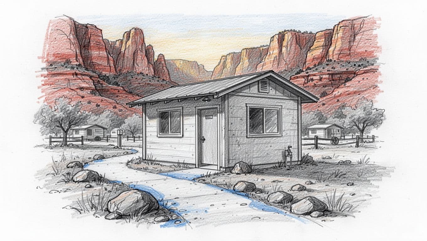 Hand-drawn graphite sketch of a rustic public shower building in Springdale near Zion National Park, featuring a door, two windows, path from campground area, red sandstone cliffs in morning sunlight, light shading with blue-gray accents on path rocks.
