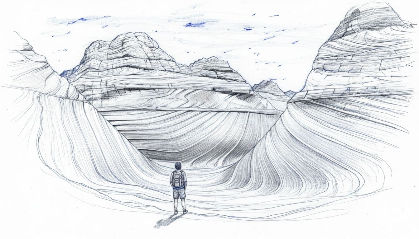 Hand-drawn graphite sketch of The Wave in Coyote Buttes North, Arizona, showing swirling sandstone curves in blues and grays with a small hiker in the foreground looking up at the wide landscape.