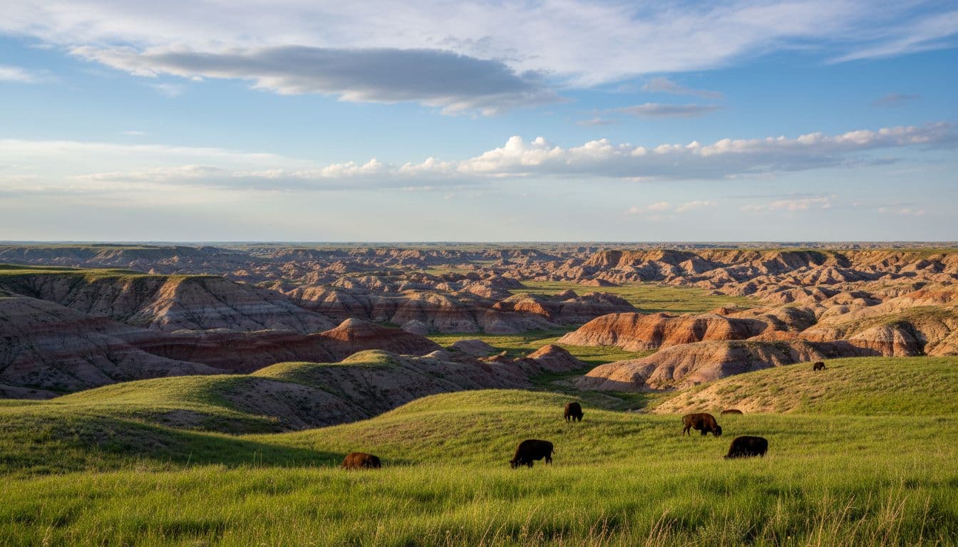 Tanah tandus berlapis warna-warni menghadap latar depan padang rumput hijau dengan bison yang tersebar merumput di bawah langit biru yang sebagian berawan.