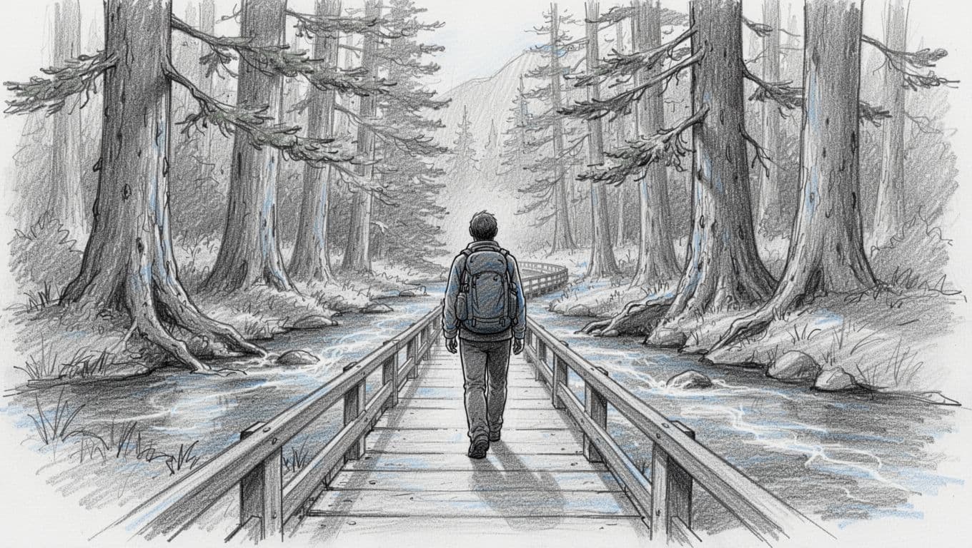 Hand-drawn graphite sketch of a single hiker from behind with backpack on the boardwalk of Trail of the Cedars in Glacier National Park, featuring serene cedar forest, tall trees, and Avalanche Creek with blue-gray shading and accents.