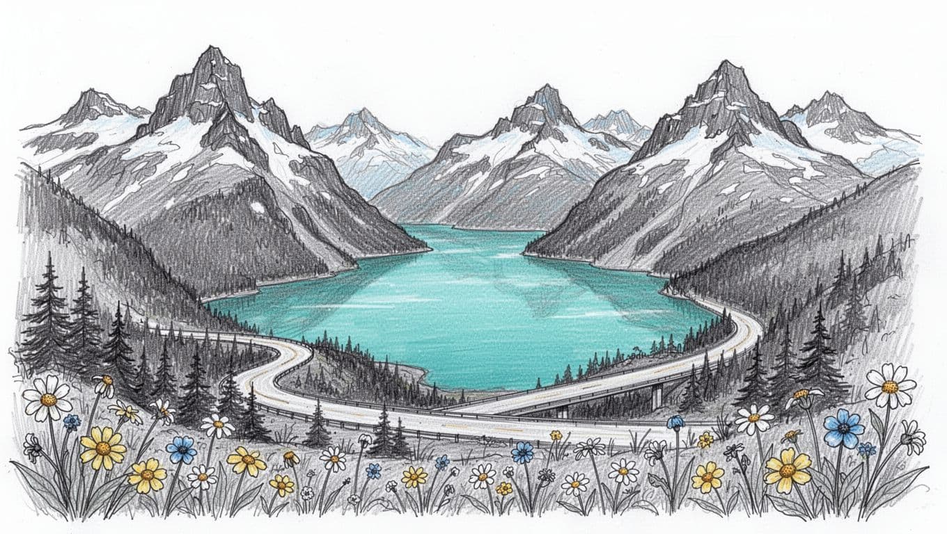 Hand-drawn graphite sketch of the iconic turquoise Diablo Lake overlook in North Cascades National Park, with jagged snow-capped peaks, winding highway below, wildflowers in foreground, and soft daylight shadows.