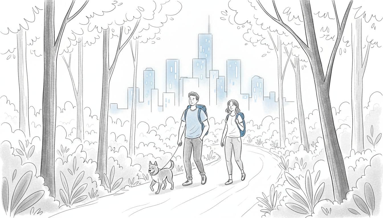 Hand-drawn graphite sketch of two hikers and a dog in relaxed walking pose on a forested trail, distant city skyline visible, using blues grays blacks palette with subtle blue accents on backpack and skyline lights, clean white background.