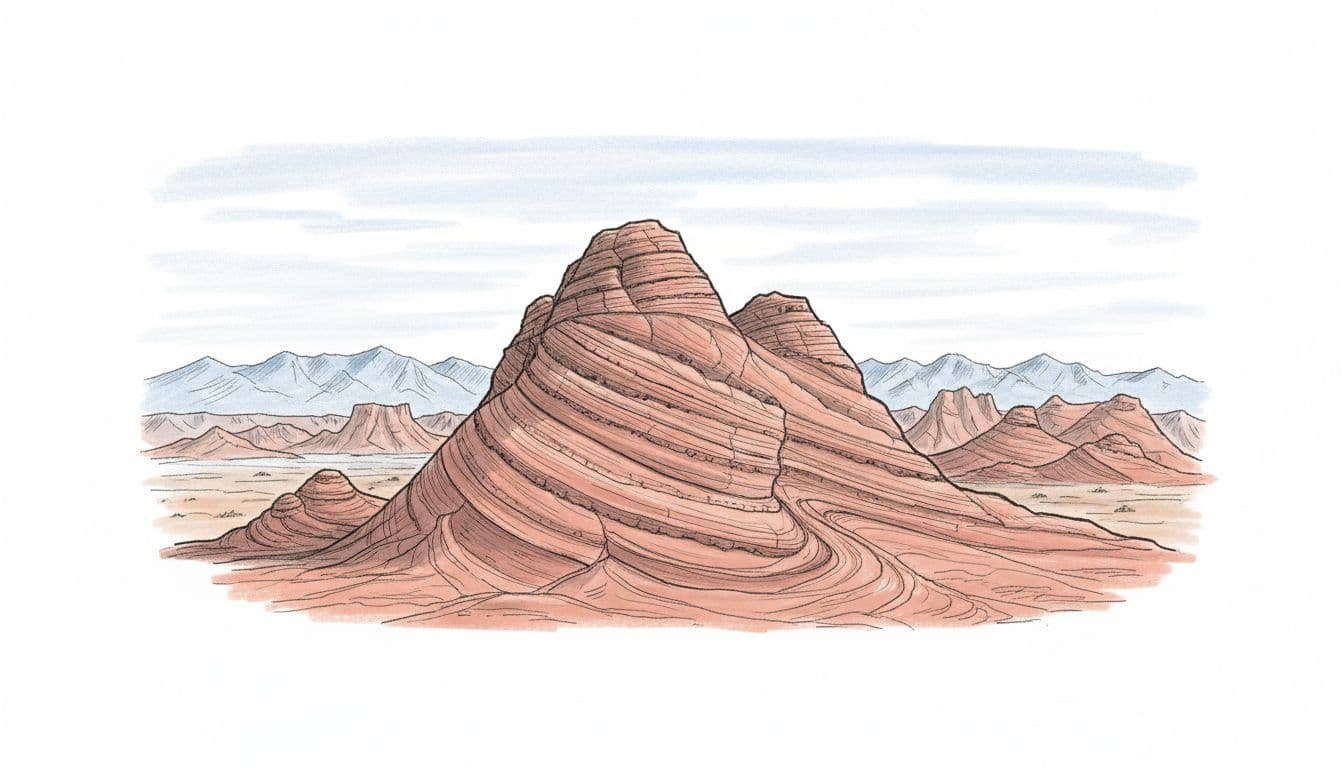 Hand-drawn graphite sketch of dramatic red sandstone formations and swirling rock waves in Nevada's Valley of Fire State Park desert landscape, featuring a prominent foreground rock, distant mountains, and subtle blue sky highlights on a clean white background.
