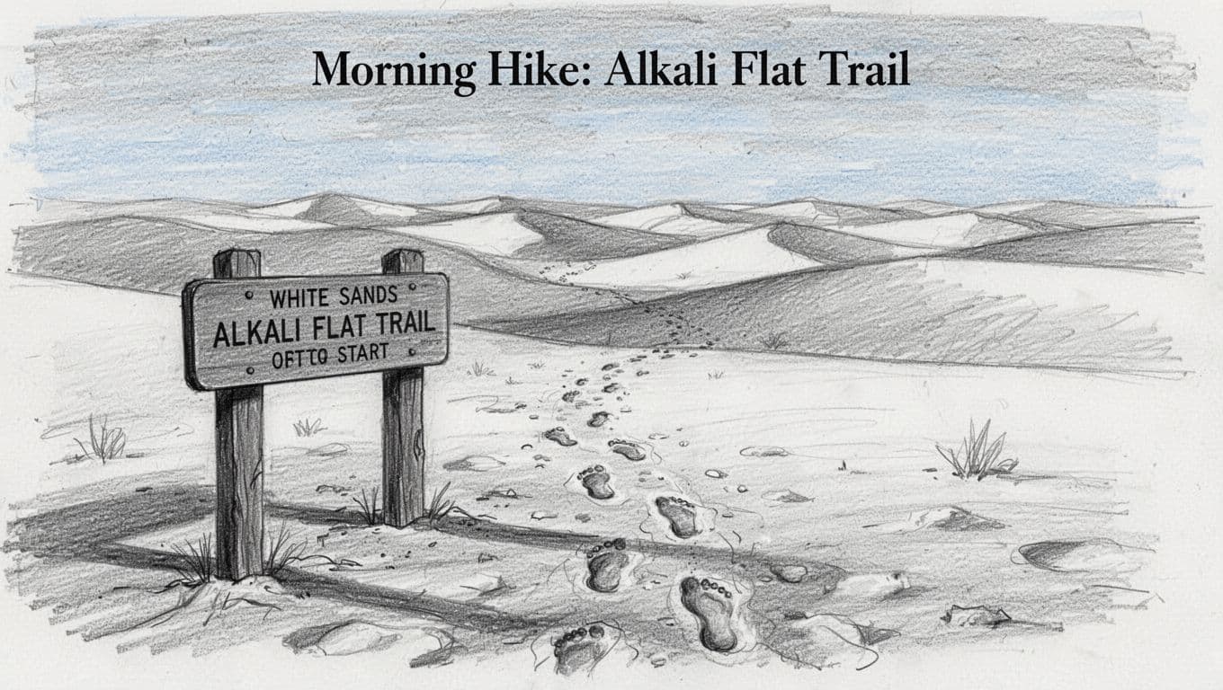 Hand-drawn graphite sketch of a signpost marking the beginning of the Alkali Flat Trail through vast white gypsum dunes at White Sands, with footprints leading into the distance under morning light casting long shadows.