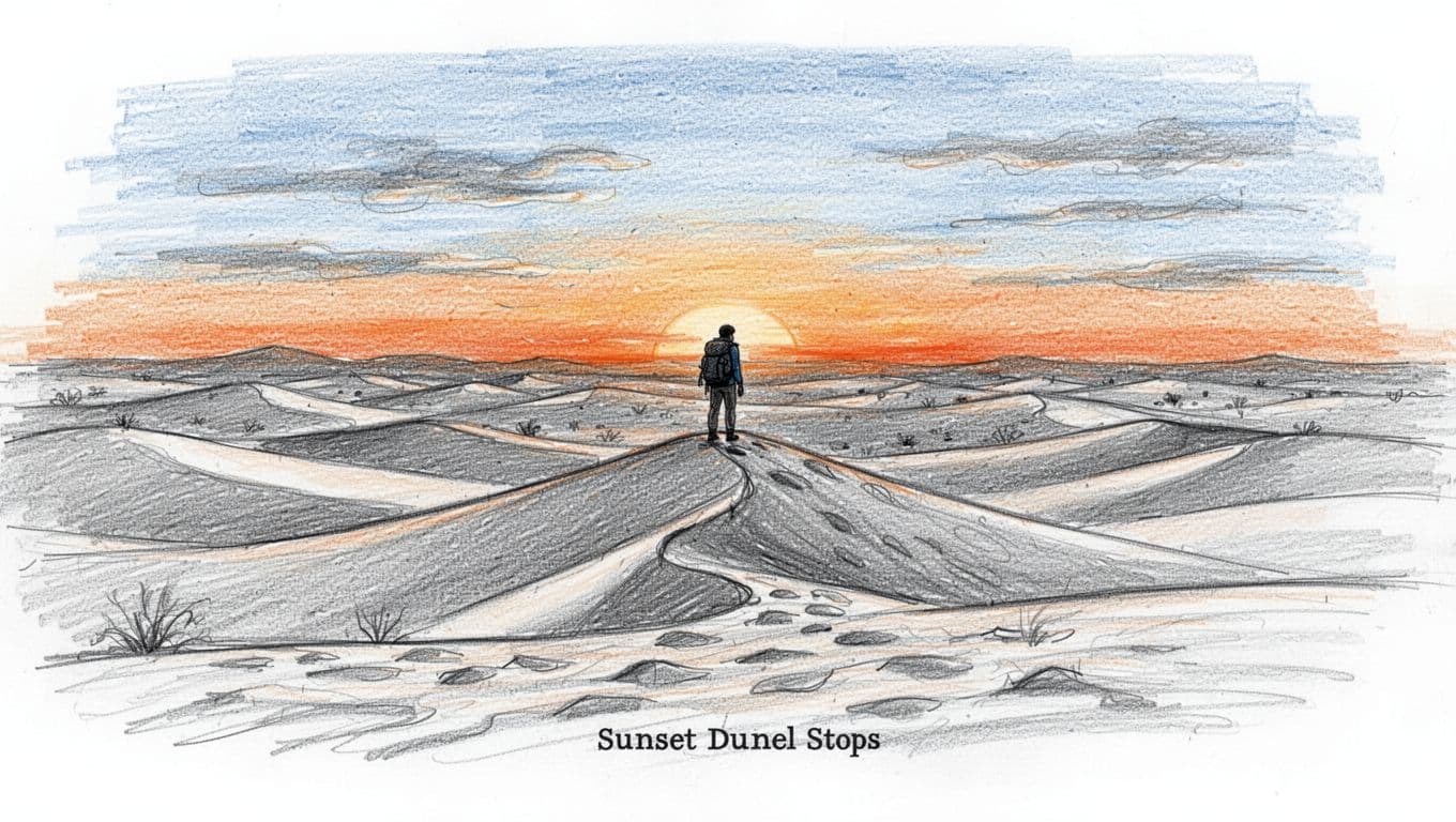 Hand-drawn graphite sketch of vast white gypsum dunes at sunset in White Sands National Park, featuring one lone hiker on a dune peak gazing at the orange horizon amid rolling dune waves.