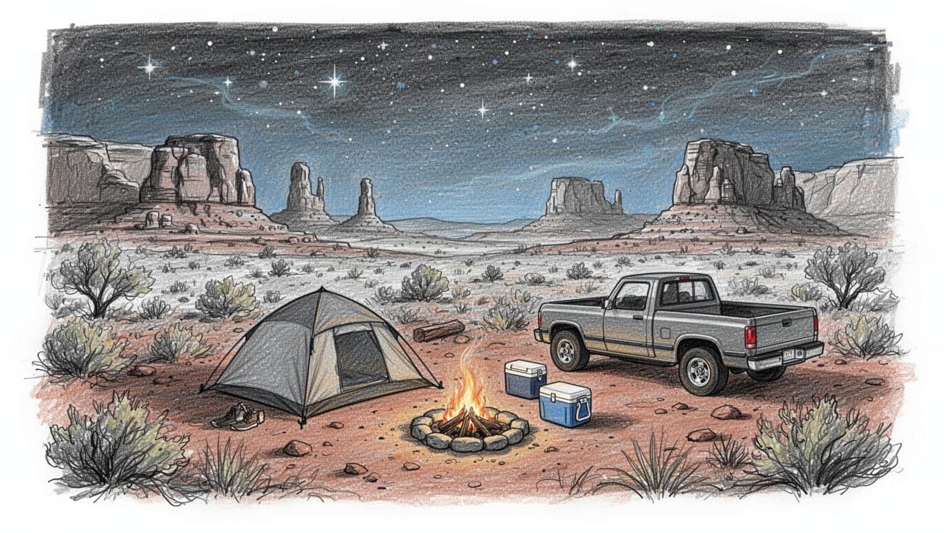 Hand-drawn graphite sketch of a single tent, campfire ring, cooler, and pickup truck on red rock dirt amid desert scrub, with distant rock arches under a starry night sky.