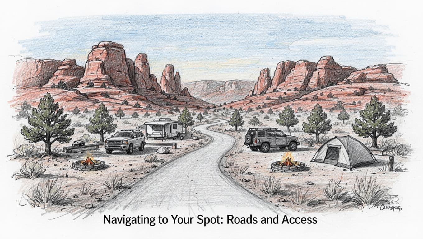 Hand-drawn graphite sketch depicting Willow Springs Road winding through desert foreground to dispersed campsites with red rock formations, scattered junipers, parked vehicles, fire rings, and tents under soft daytime sunlight and blue sky.