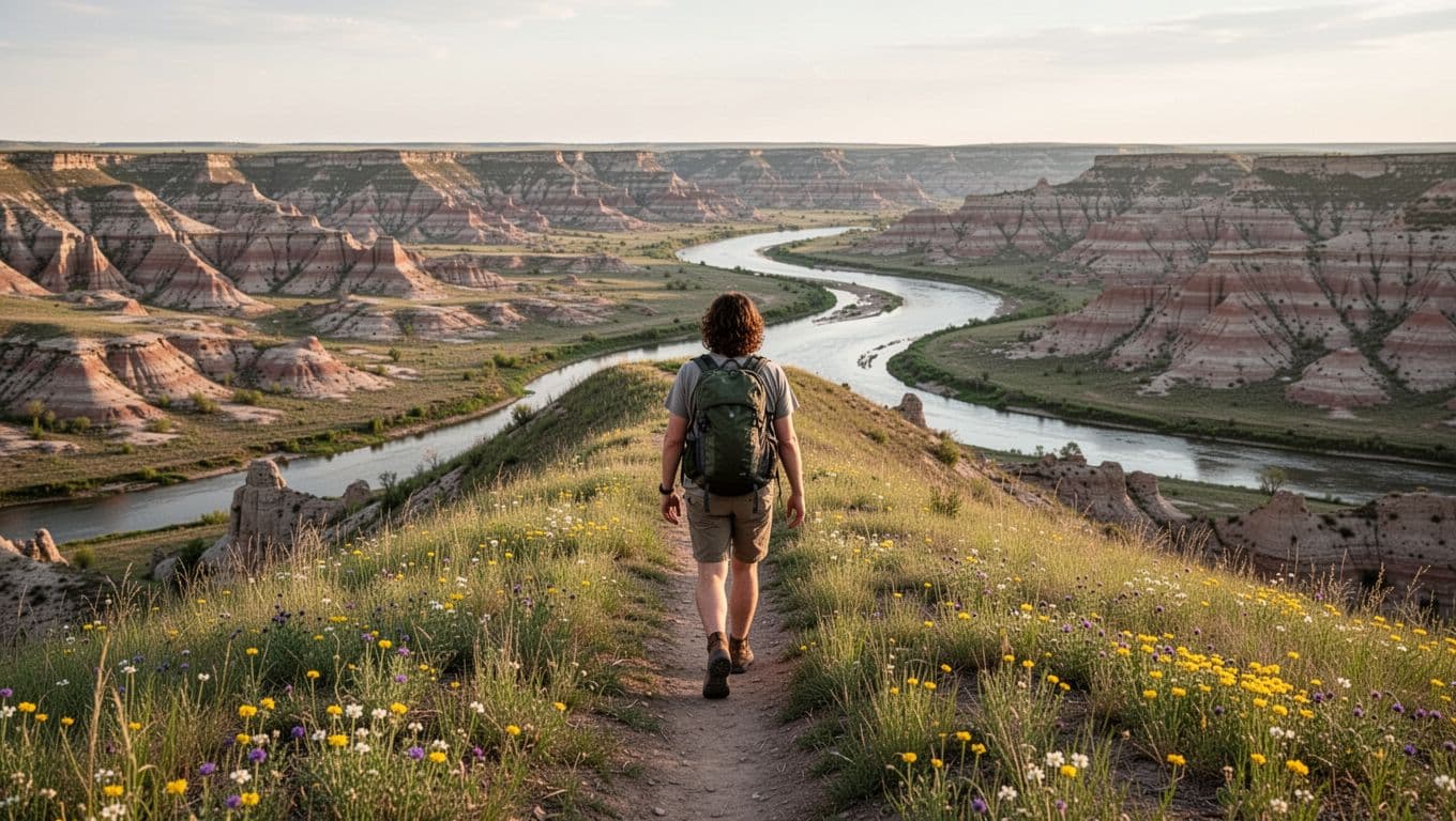 Pendaki dari belakang di jalur berumput ke punggung bukit menghadap Sungai Little Missouri dan cakrawala tanah tandus dengan bunga liar musim semi.