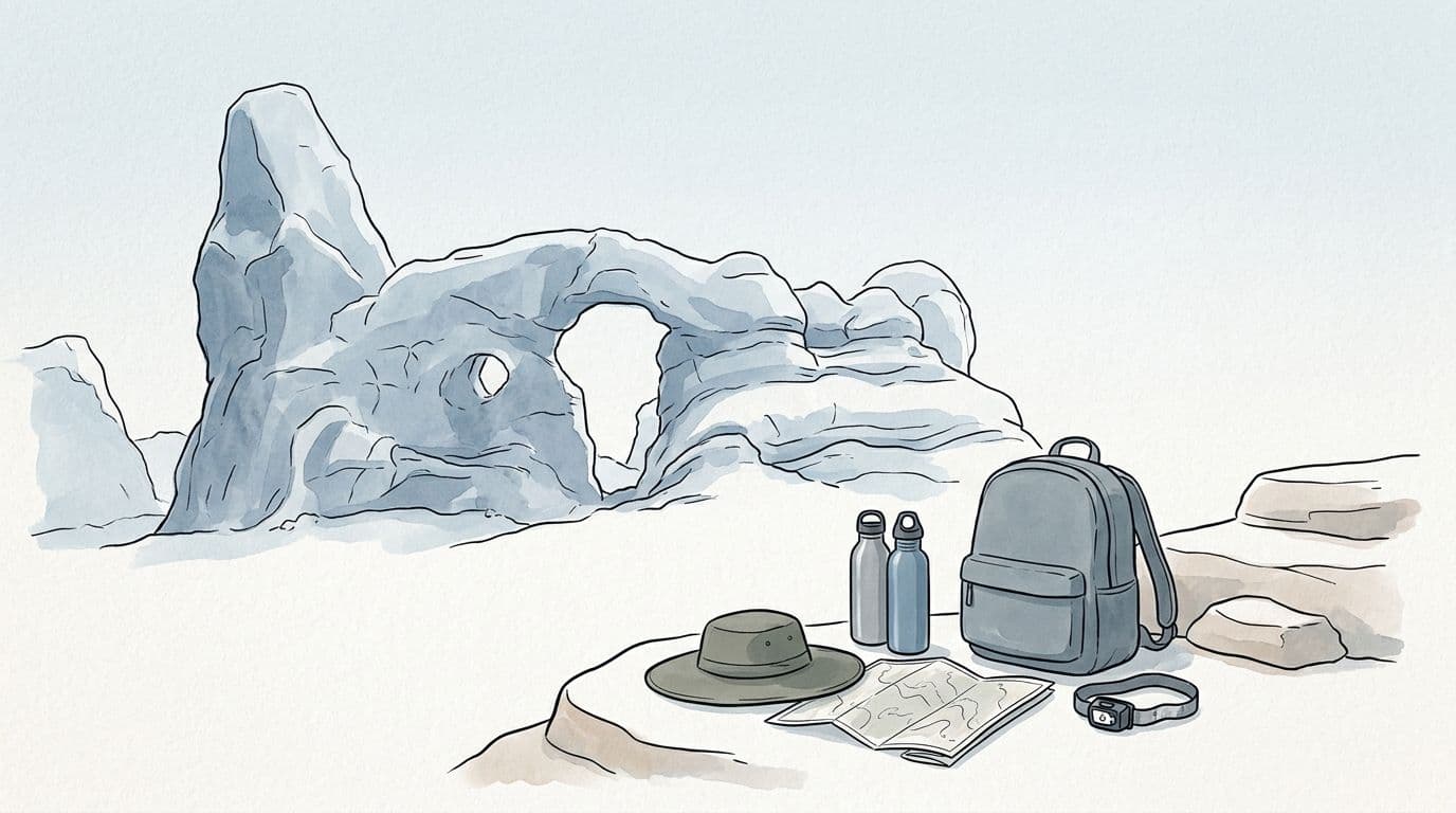 Vignette illustration of simplified Windows Section arches with gentle shading and foreground cluster of hiking gear: daypack, two water bottles, sun hat, trail map, headlamp. Hand-drawn style with cool blues, slate greys, watercolor wash, ink lines, and negative space.