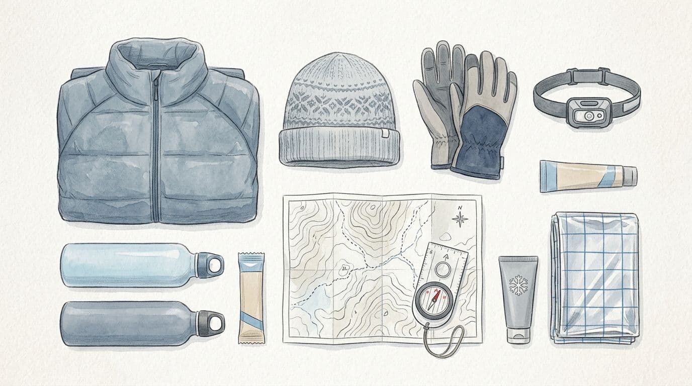 Hand-drawn illustration in pencil and light watercolor style depicting a neatly arranged flat lay of winter day-hike gear including jacket, hat, gloves, headlamp, water bottles, map, compass, sunscreen, and emergency blanket, using a cool palette of blues, greys, and subtle beiges on off-white paper.